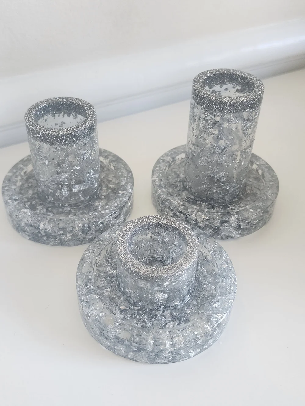 Handcrafted Gray Agate Coasters and Candle Holders with Silver Glitter Accent